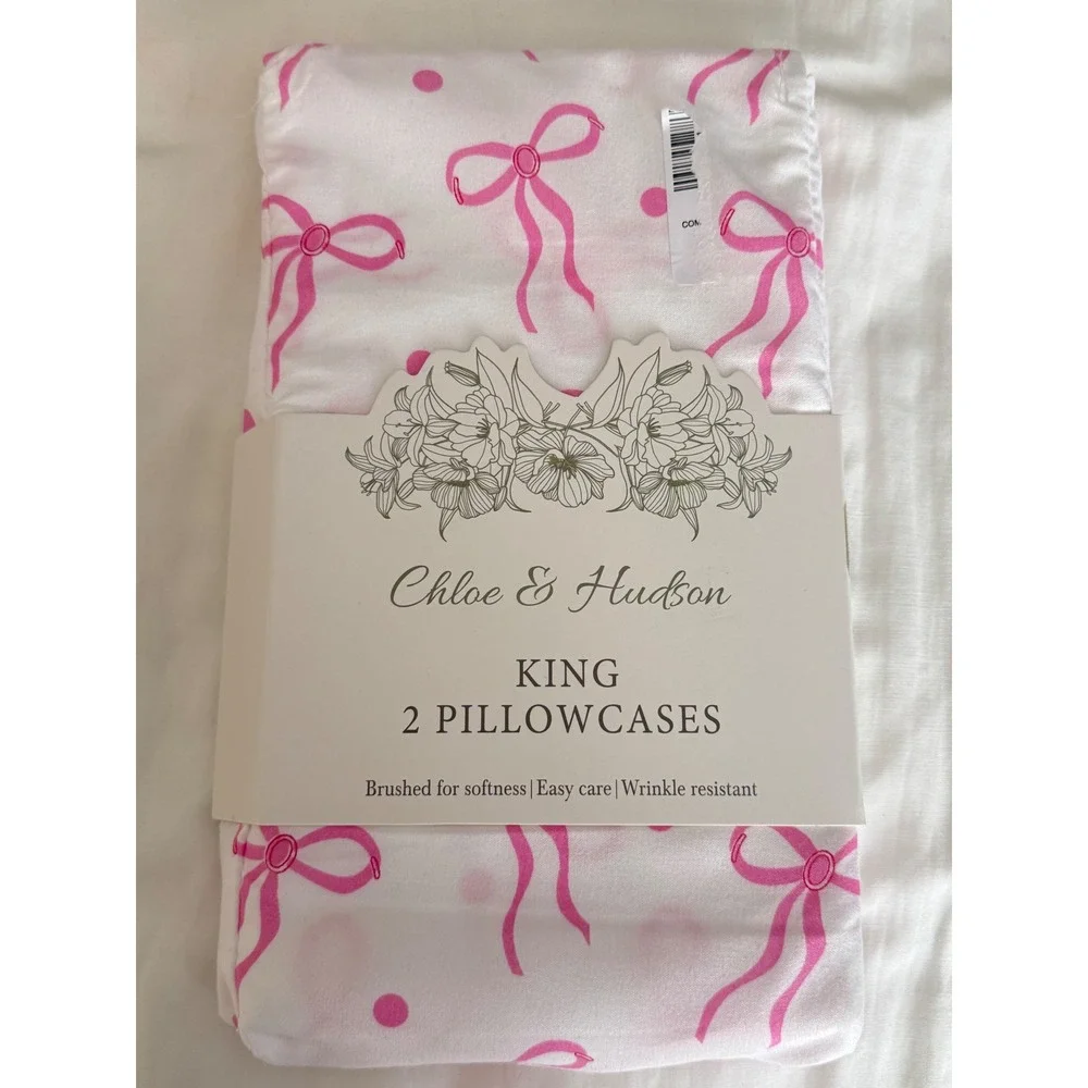 Chloe & Hudson King Pillowcase Set 2pc Pink Bows Polka Dots White‎ Soft Brushed